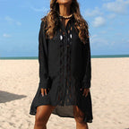 Slub Cotton Patchwork Edge Shirt Sun Protection Cardigan Vacation Beach Coat Bikini Cover up Blouse Bella Mia