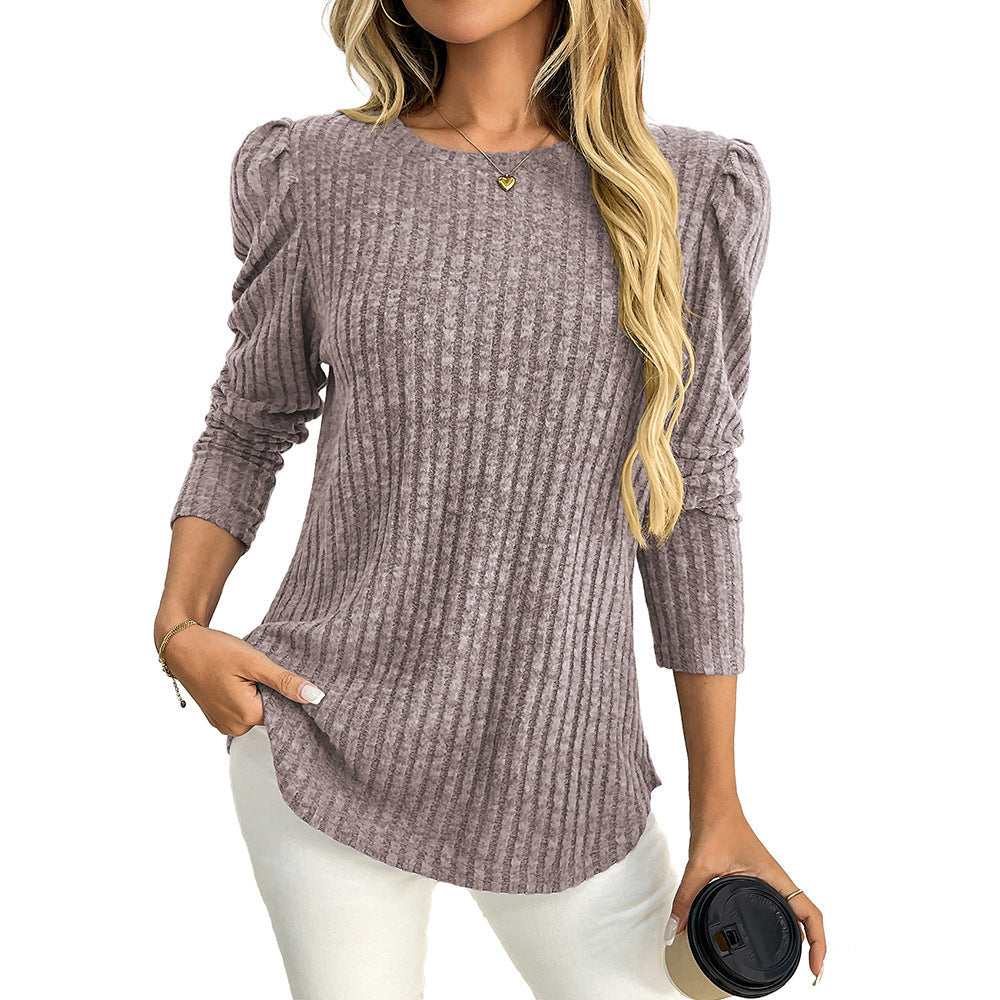Arrival Women round Neck Puff Sleeve Brushed Sunken Stripe Solid Color Upper Clothes Long Sleeves T shirt Bella Mia