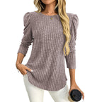 Arrival Women round Neck Puff Sleeve Brushed Sunken Stripe Solid Color Upper Clothes Long Sleeves T shirt Bella Mia