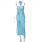 Women Clothing Summer Solid Color Corset Halter Lace up Ring Connection Hollow Out Cutout Slit Dress Bella Mia