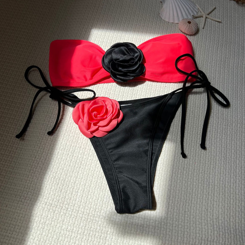 Color Matching Rose Tube Top Lace up Drawstring Strap Split Swimsuit Bikini Bella Mia