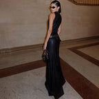 Women Clothing Autumn Winter Personality Turtleneck Slim Sleeveless Solid Color Faux Leather Dress Women Bella Mia
