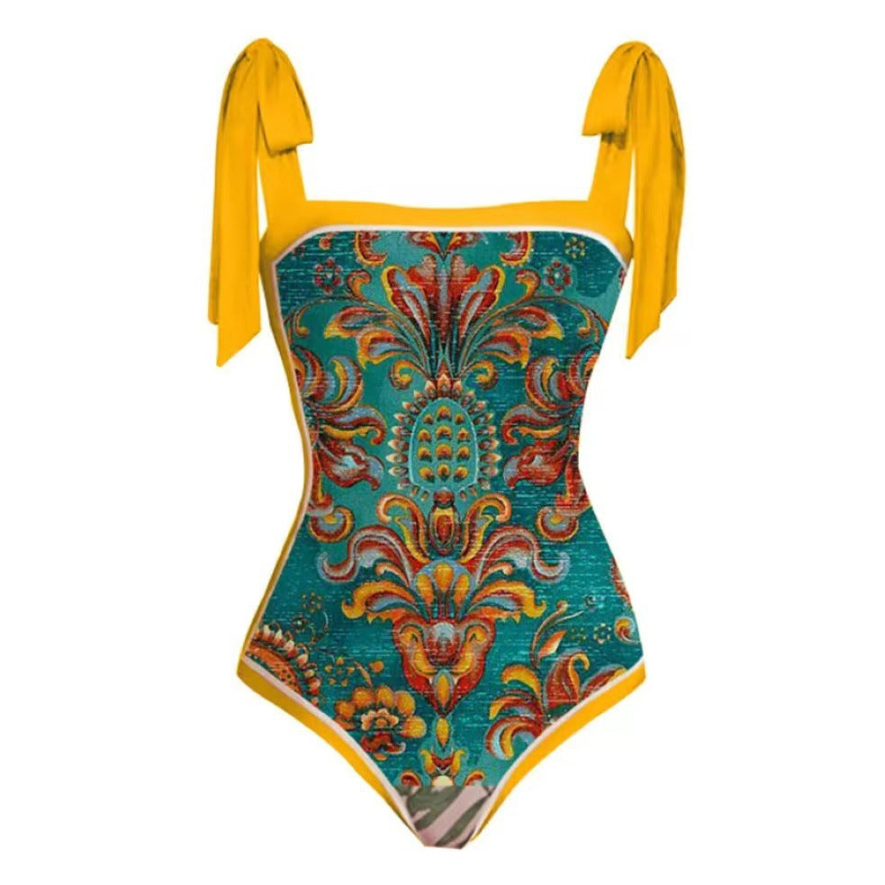 Two Piece Swimsuit Vintage Print Flab Hiding Slimming Sun Protective Beach Dress Swimsuit Bella Mia
