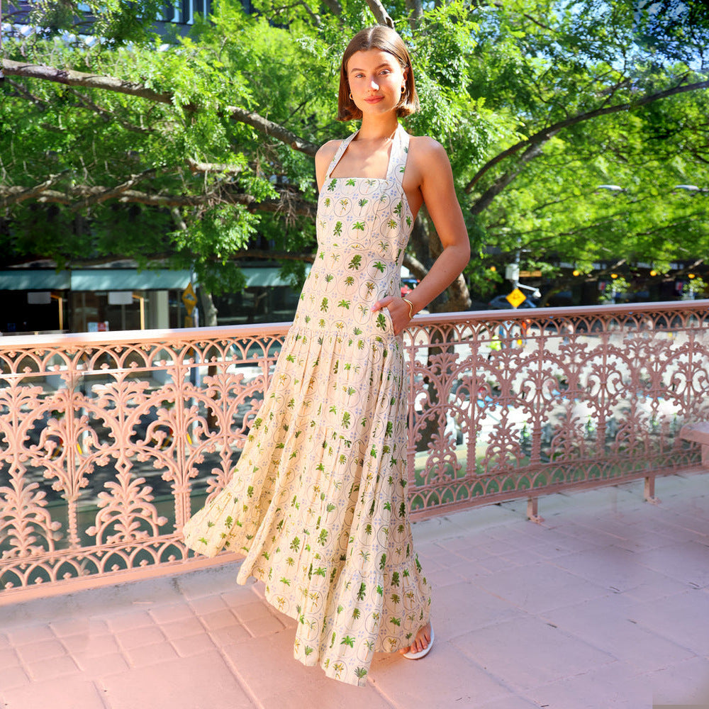 Sweet Printed Sleeveless Halter Dress Women Sexy Big Backless A line Dress Bella Mia