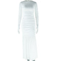 Women Clothing Solid Color Dress round Neck Long Sleeve Mesh Stitching Casual Dress Bella Mia