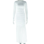 Women Clothing Solid Color Dress round Neck Long Sleeve Mesh Stitching Casual Dress Bella Mia