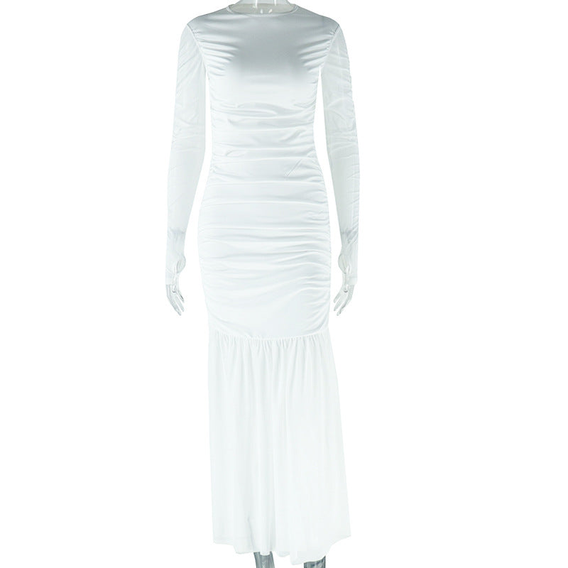 Women Clothing Solid Color Dress round Neck Long Sleeve Mesh Stitching Casual Dress Bella Mia