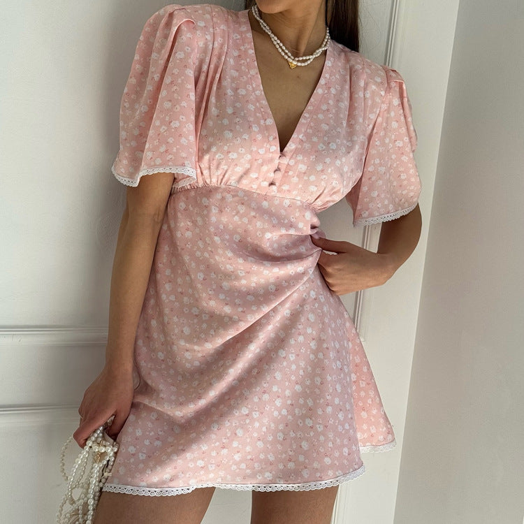 Women Clothing Summer Floral Dress Casual V neck Short Sleeve High Waist Short Dress Bella Mia