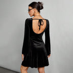 Women Clothing Simple Intellectual Dress Autumn Winter Backless Sexy Lace Up All Match Black Dress Bella Mia