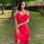 Women Clothing Solid Color Dress Sexy Spaghetti Straps Sleeveless Ruffled Irregular Asymmetric Maxi Dress Bella Mia