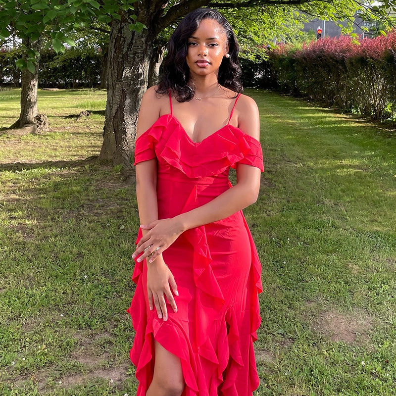 Women Clothing Solid Color Dress Sexy Spaghetti Straps Sleeveless Ruffled Irregular Asymmetric Maxi Dress Bella Mia