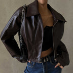 Women Clothing Autumn Retro Collared Zipper Faux Leather Casual Jacket Coat Bella Mia