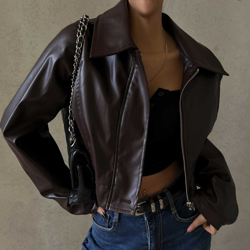 Women Clothing Autumn Retro Collared Zipper Faux Leather Casual Jacket Coat Bella Mia