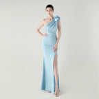 One Shoulder Three Dimensional Floral Satin Folding High Slit Sexy Evening Dress Dinner Wedding Social Bella Mia