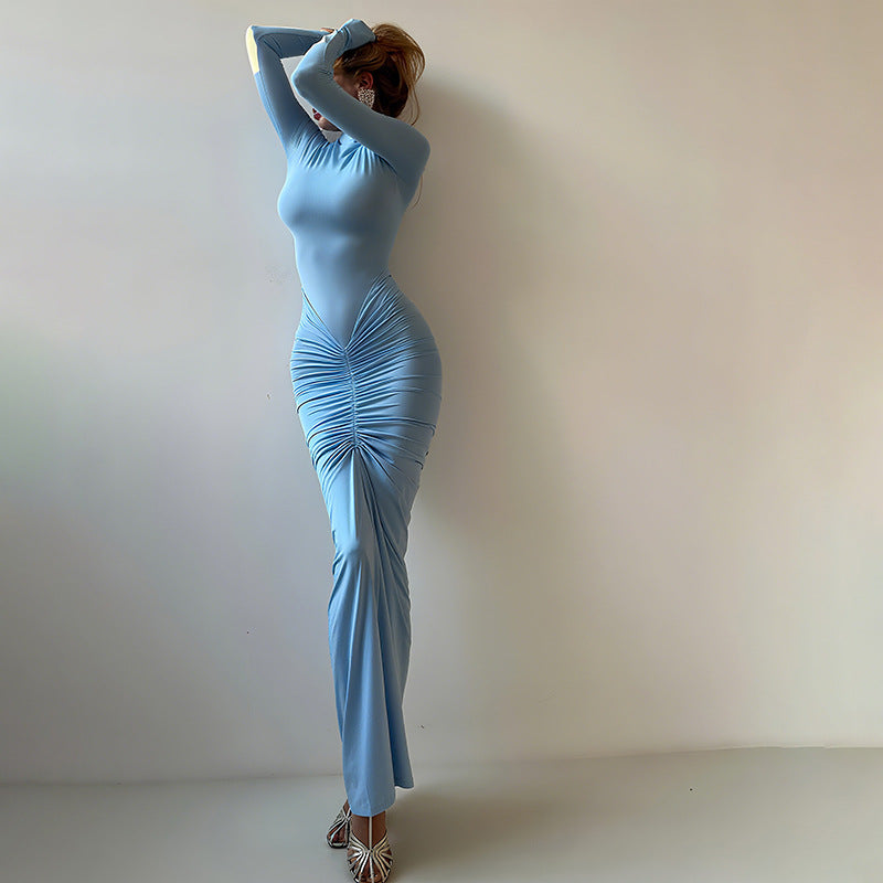 Women Clothing Autumn Solid Color Elegant Slim Slimming Pleated Turtleneck Long Sleeve Dress Bella Mia