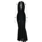 Lace Pleated Maxi Dress Women Sexy Deep V Plunge neck Backless Sheath Dress Bella Mia