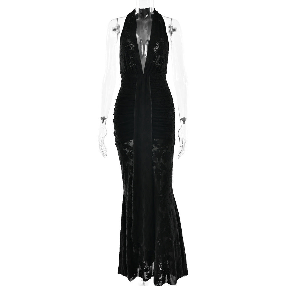 Lace Pleated Maxi Dress Women Sexy Deep V Plunge neck Backless Sheath Dress Bella Mia