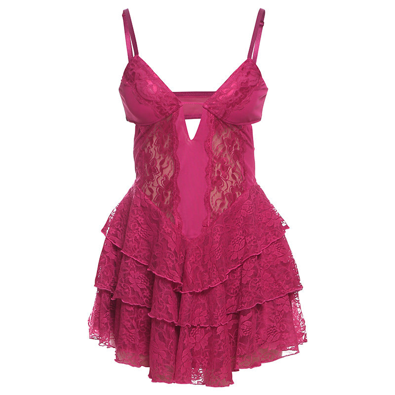 Spring Women Clothing Sexy V neck Lace Mesh Patchwork Backless Strap Dress Women Bella Mia