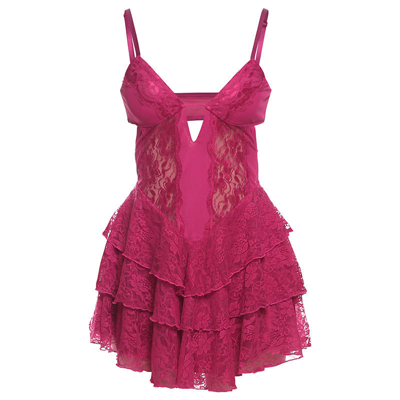 Spring Women Clothing Sexy V neck Lace Mesh Patchwork Backless Strap Dress Women Bella Mia