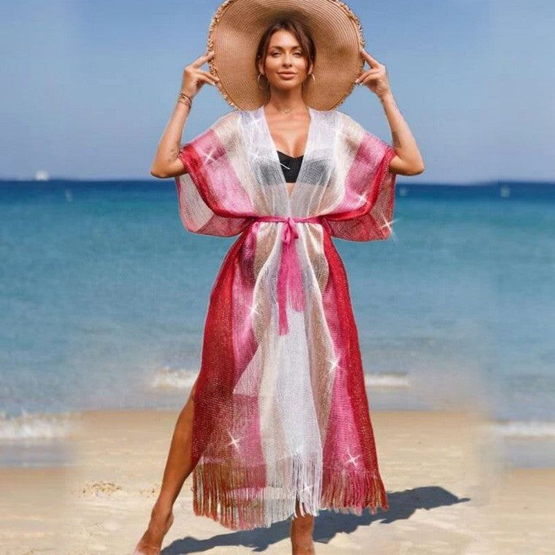 Mesh Color Matching Beach Cover up Sexy Cardigan Loose Fitting Tassel Sun Protection Shirt Beach Cover Up Bella Mia