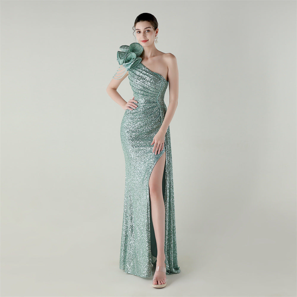 Craft Floral Beaded One Shoulder Diagonal Collar Fishtail Evening Dress Dinner Wedding Awards Ceremony Social Dress Bella Mia