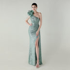 Craft Floral Beaded One Shoulder Diagonal Collar Fishtail Evening Dress Dinner Wedding Awards Ceremony Social Dress Bella Mia