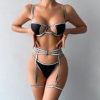 Sexy Underwear Three-Piece Set Gold Silver Silk Line Faux Leather Stitching Sexy Suit Women Bella Mia