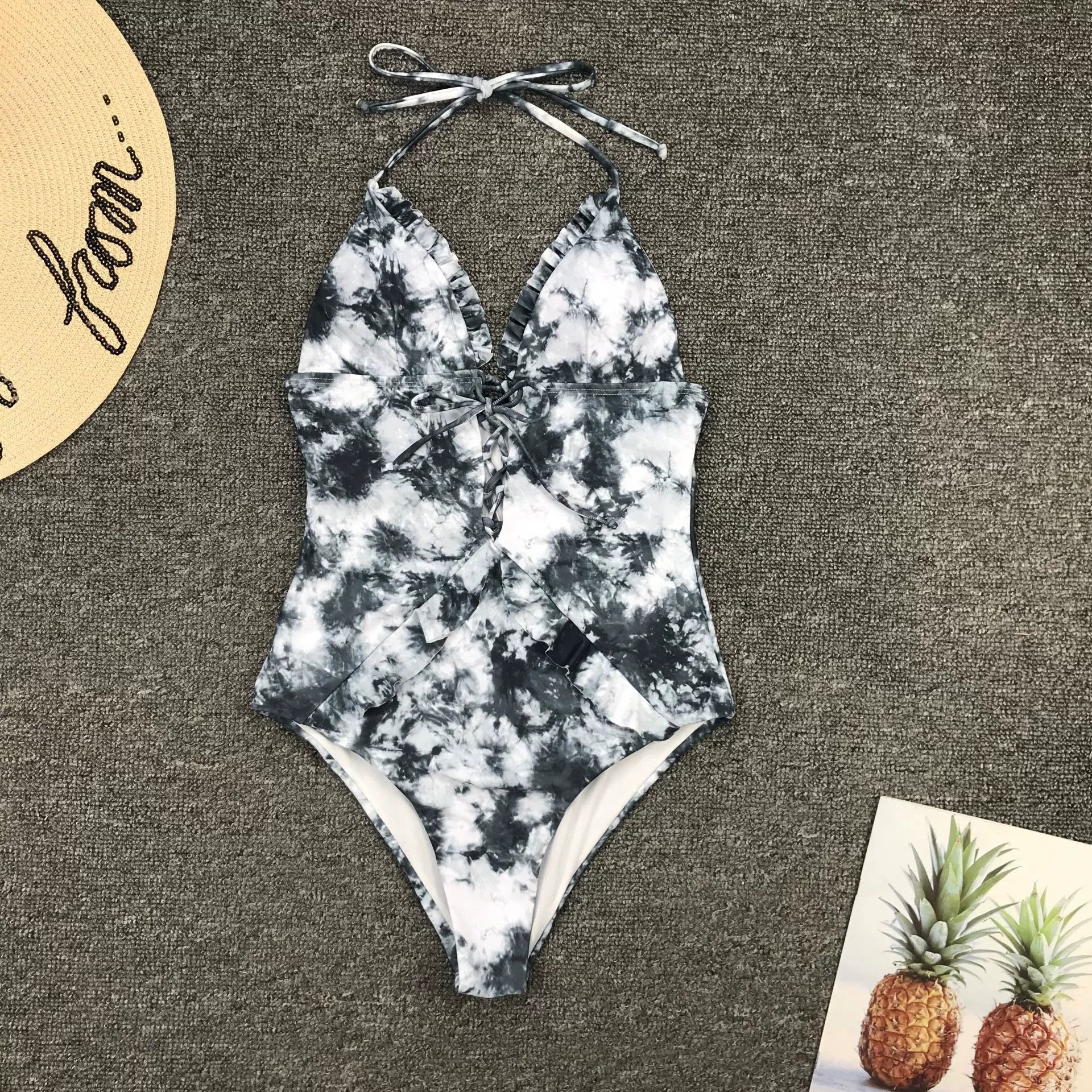 Shoelace Printing and Dyeing Sexy Hot Spring Belly Covering Tight One-Piece Swimsuit for Women LUXLIFE BRANDS