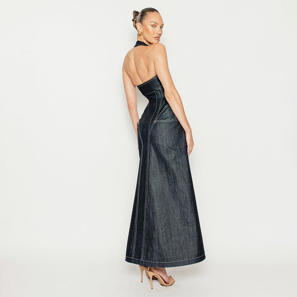 Elegant Solid Color Sleeveless Halter Slim Fit Backless Sheath Dress Denim Summer Bella Mia