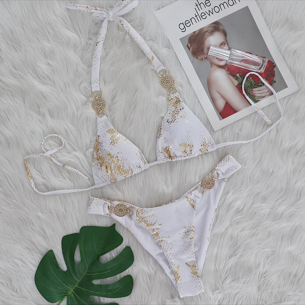 Snake Pattern Bronzing Bikini Crystal Diamond Metal Accessories Split Women Swimsuit Vacation Swimsuit Bella Mia
