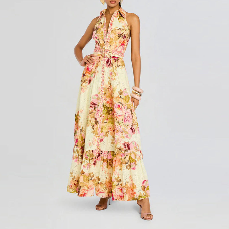 Retro Elegance Floral Printed Dress Summer Waist Slimming Sleeveless Lace up Dress