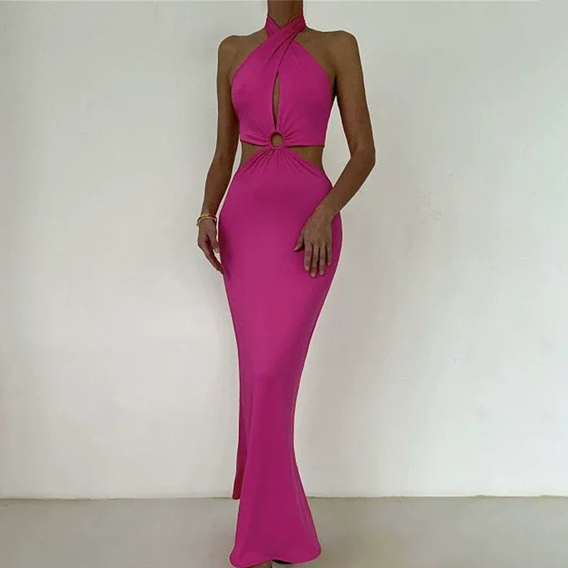 Splice Neck Strap Open Back Long Skirt Halter Strap Backless Dress Luxlife Brands