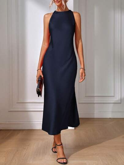 Satin Dress Women Clothing Spring Summer Sleeveless Split Satin Imitation Silk Maxi Dress Bella Mia