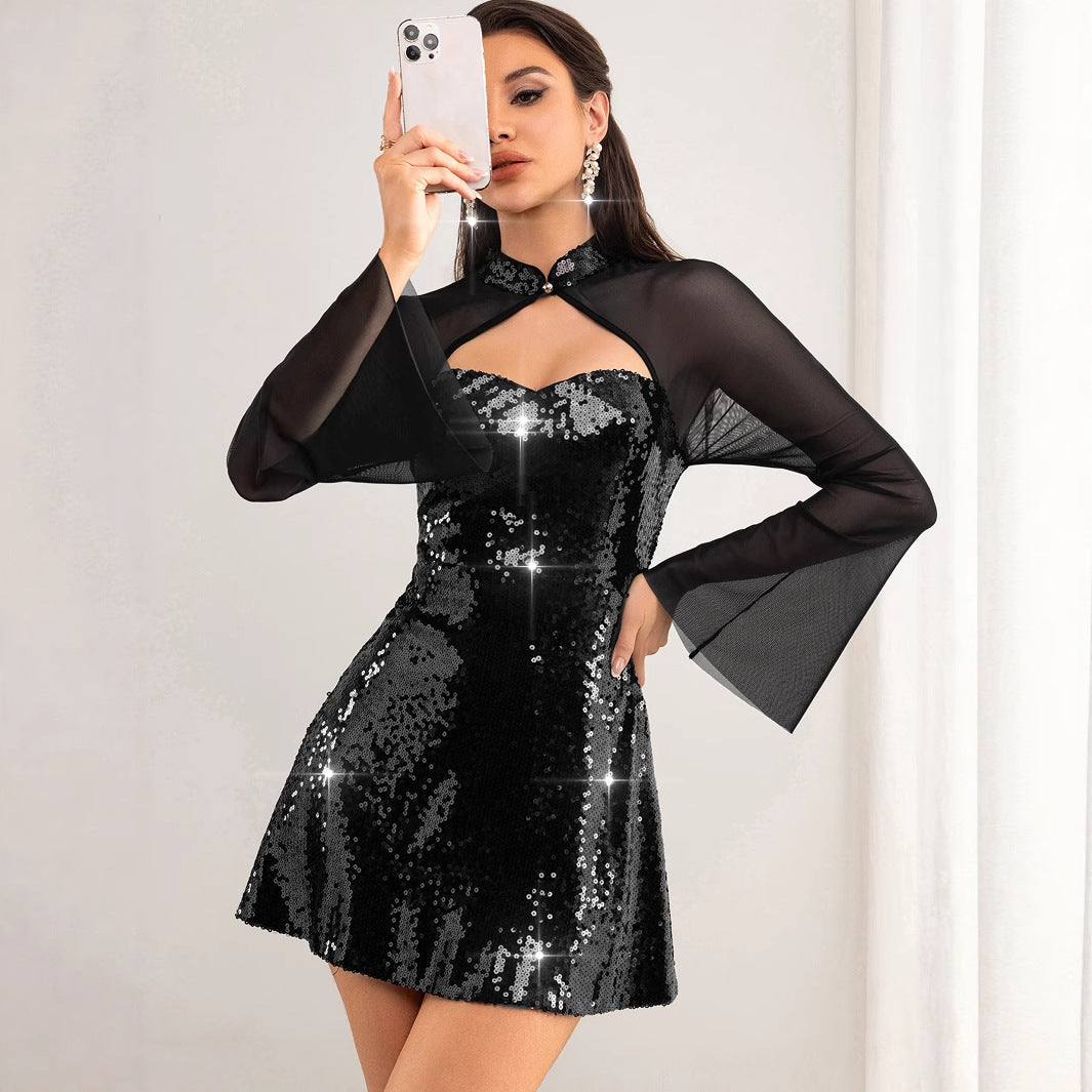Sexy See through Long Sleeve Mesh Stitching Sequ Dress Women Clothing Short Bella Mia
