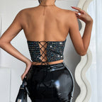 Women Inner Steel Ring Boning Corset Bra Back Lace up Tube Top Classic Sequined Vest Bella Mia
