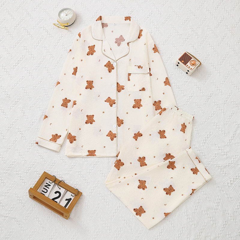 Women Long Sleeved Trousers Spring Autumn Set Sweet Outer Wear Girl Cardigan Cartoon Bear Pattern Home Wear Bella Mia