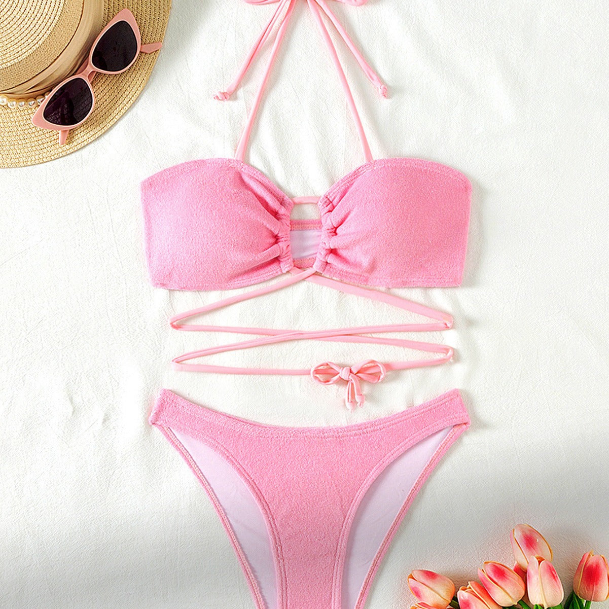 Split Swimsuit Women Hollow Out Cutout Sexy Bikini Triangle Two Piece Set Lace up Solid Color Bella Mia
