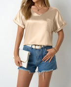 Women Satin T shirt Spring Summer Loose Pockets Curling Short Sleeved Casual Top Bella Mia