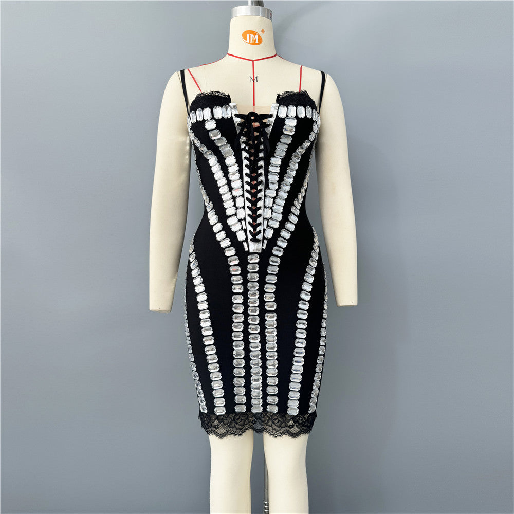 Sexy Sling Lace Stitching Bandage Dress Heavy Industry Rhinestone Personalized Party Dinner Dress Bella Mia