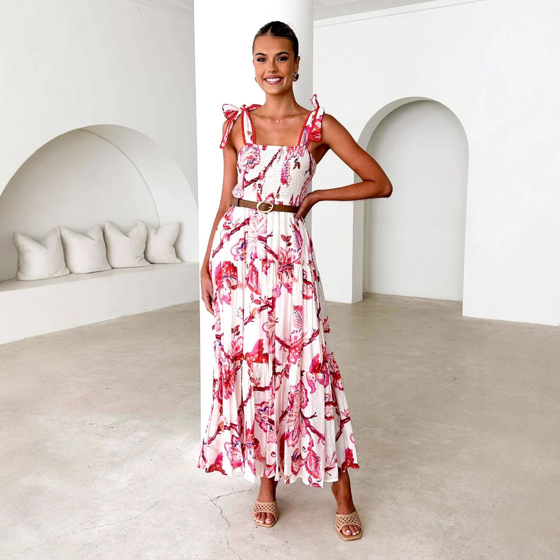 Spring Summer Floral Printed Sling Smocking Elastic Waist Knotted Shoulder Strap Large Swing Dress Long Bella Mia