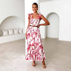 Spring Summer Floral Printed Sling Smocking Elastic Waist Knotted Shoulder Strap Large Swing Dress Long Bella Mia