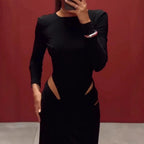 Women Clothing Spring Graceful Fashionable Long Sleeve Hollow Out Cutout Solid Color Dress Bella Mia
