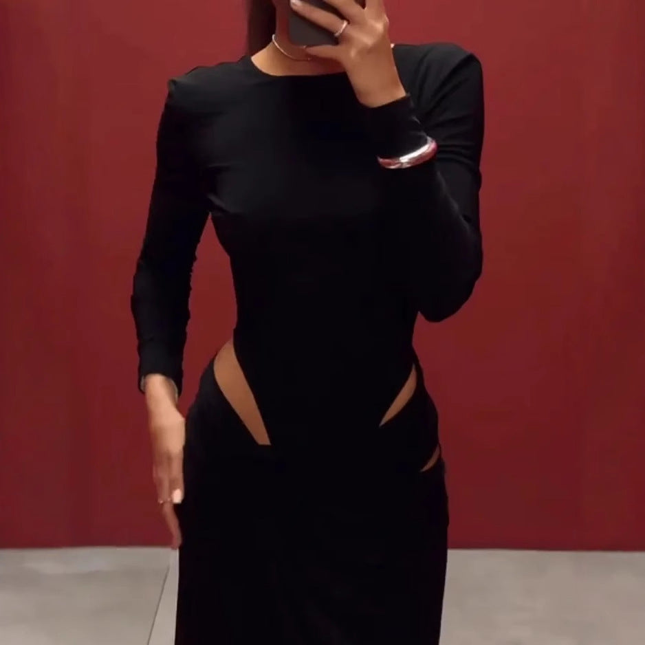 Women Clothing Spring Graceful Fashionable Long Sleeve Hollow Out Cutout Solid Color Dress Bella Mia