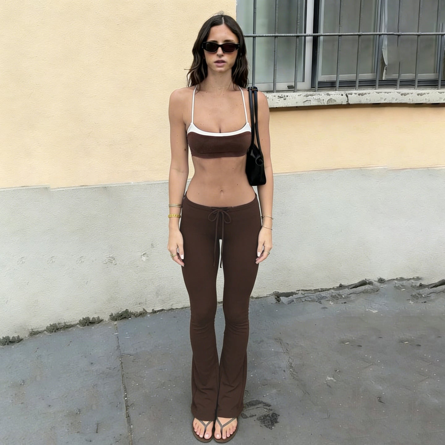 Casual Sports Contrast Color Suspender Trousers Two Piece Sets Street Sexy