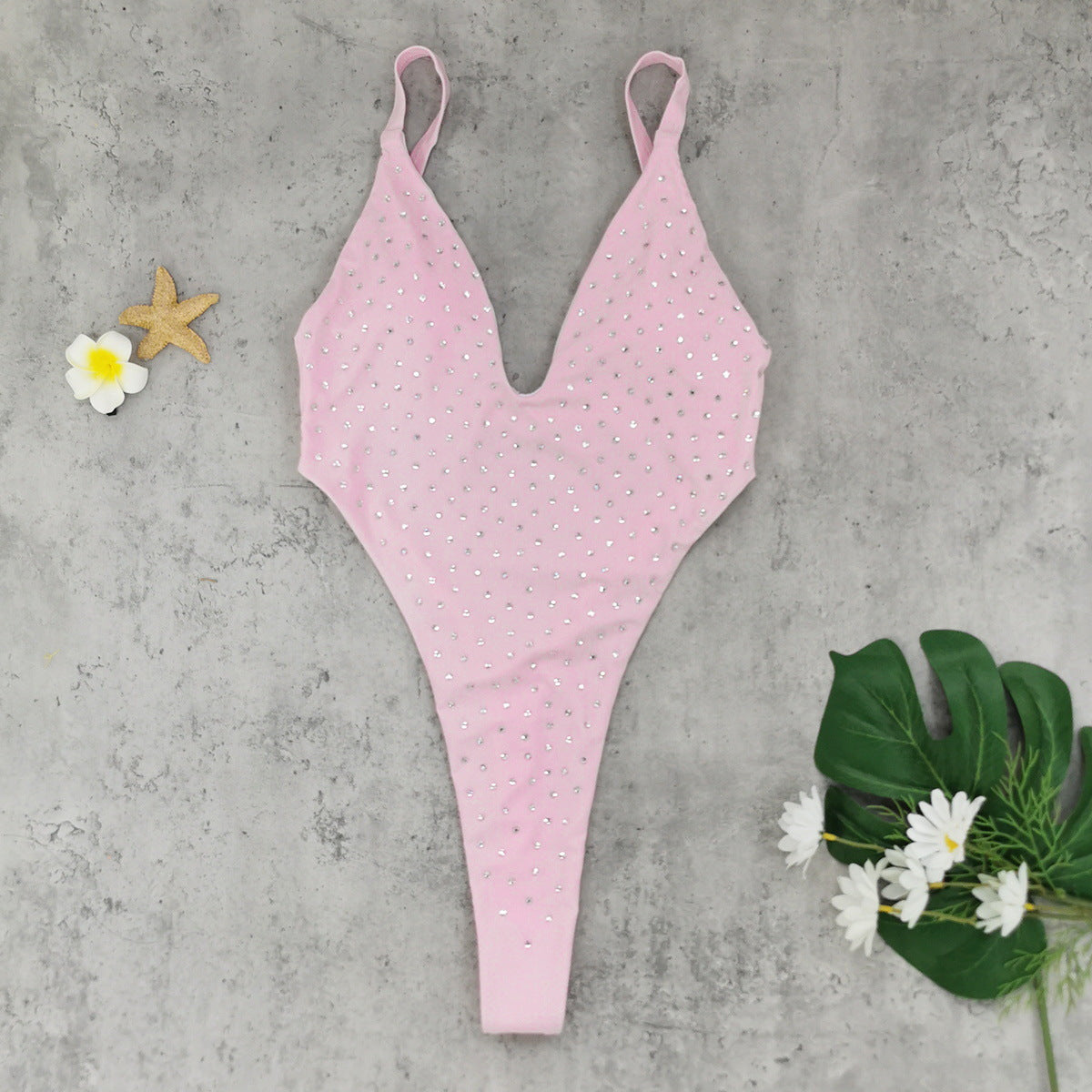 Sexy Backless One Piece T Shaped High Slit Triangle One Piece Swimsuit Women Solid Color Diamond Bella Mia