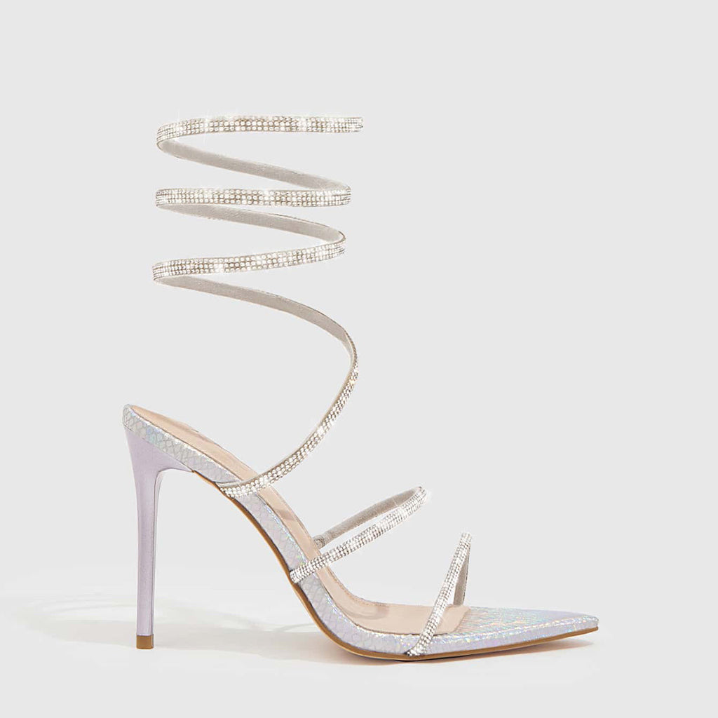4 Colors Summer High Heel Pointed Sandals Women Heels 11cm Metal Toe Holder Rhinestone Lace up Women Shoes Bella Mia