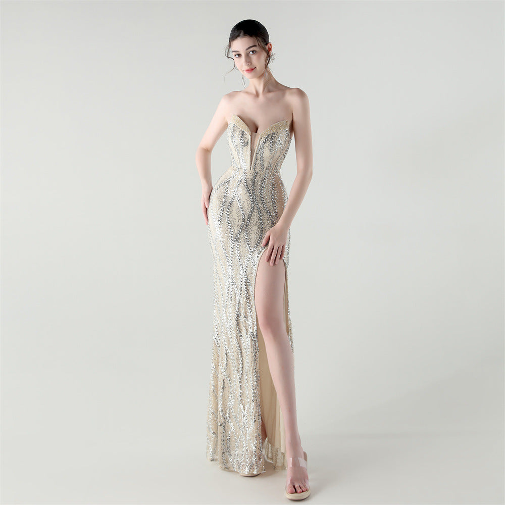 Boning Corset Waist Tight Heavy Industry Beads Heart Shaped Collar Sequined Evening Dress Luxury Cocktail Evening Dress Bella Mia
