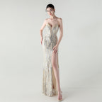 Boning Corset Waist Tight Heavy Industry Beads Heart Shaped Collar Sequined Evening Dress Luxury Cocktail Evening Dress Bella Mia
