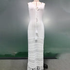 Summer Beach Dress Women Solid Color Spaghetti Straps Knitted Hollow Out Cinched Tassel Midi Dress Swimsuit Blouse Crochet hook Bella Mia