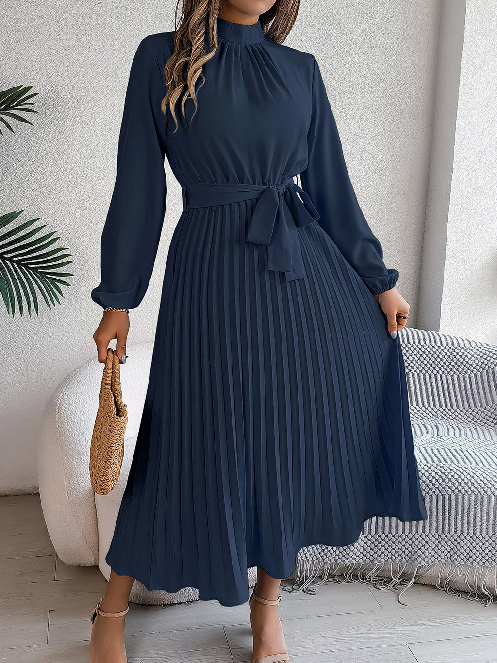 Autumn Winter Elegant Stand Collar Long Sleeve Cinched Pleated Maxi Dress Small Dress Women Clothing Bella Mia